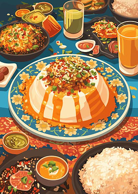 Colorful Food Illustration with Rice Dishes