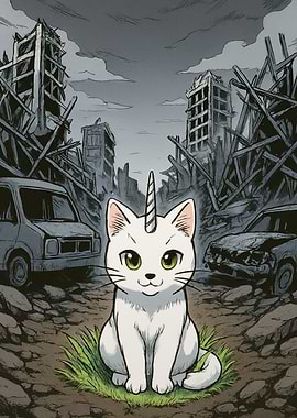 Unicorn-Cat in Post-Apocalyptic Landscape