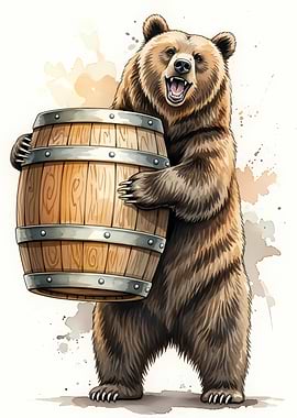 Bear Hugging Wooden Barrel Watercolor Art
