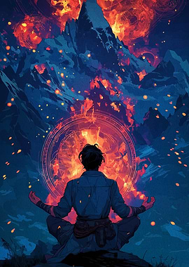 Meditating Figure with Fiery Mountain Backdrop
