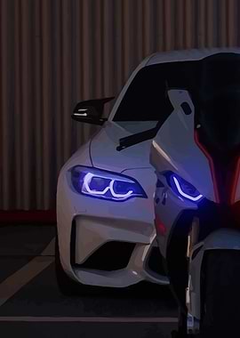 Car and Motorcycle with Blue Lights