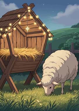 Nativity Scene with Sheep and Manger