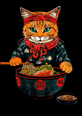 Cat Chef with Ramen Bowl Illustration