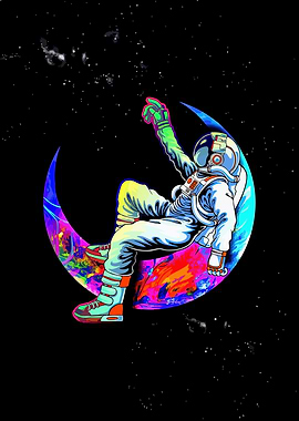 Astronaut on Colorful Moon in Space