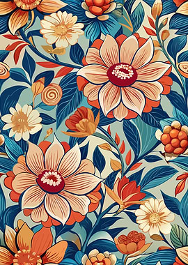 Floral Pattern with Orange and Blue