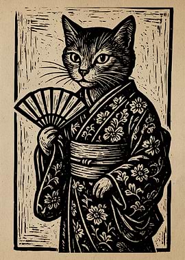 Cat in Kimono with Fan