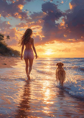 Woman and Dog Walking on Beach