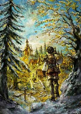 Traveler's Journey to a Snowy Village