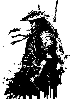 Samurai Warrior Black and White Illustration