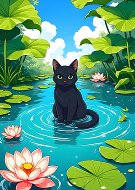 Black cat in a lily pond