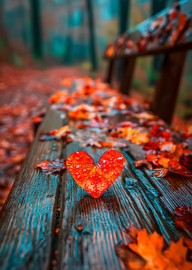 Heart-shaped leaf on a park bench