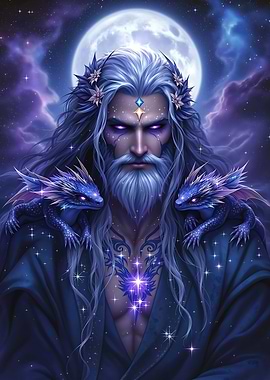 Fantasy Wizard with Dragons and Moon