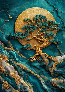 Golden Tree and Teal Landscape Art