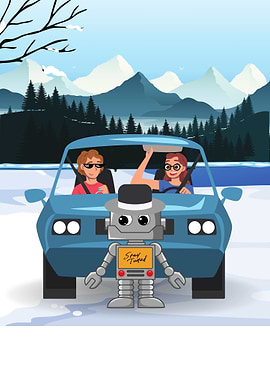 Robot, Car, and Mountain Landscape