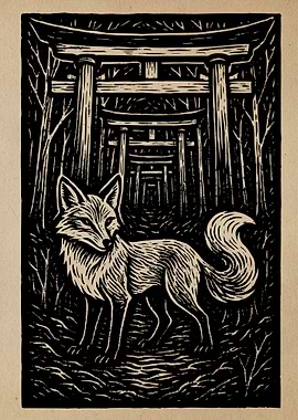 Fox and Torii Gates Woodcut Print