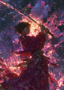 Warrior with Sword in Fiery Aura