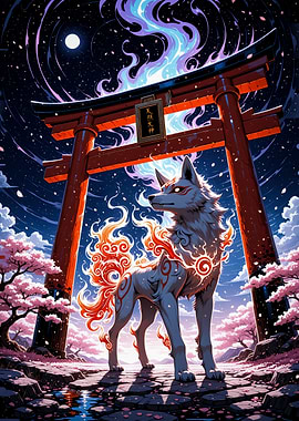 Mystical Kitsune Okami Amaterasu Under Torii Gate Cherry Blossom Sakura Japan