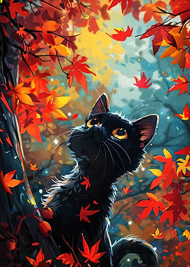 Black Cat in Autumn Leaves