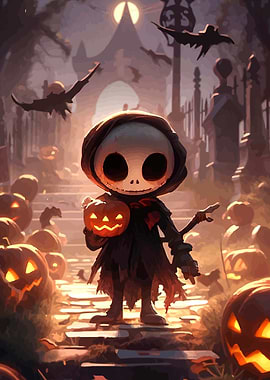 Cute Halloween Skeleton with Pumpkin
