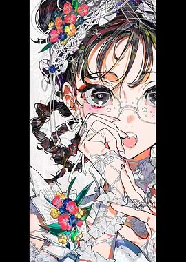 Anime Girl with Flowers and Glasses