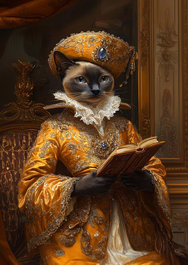 Siamese Cat in Renaissance Attire Reading | Vintage Cat Wall Print