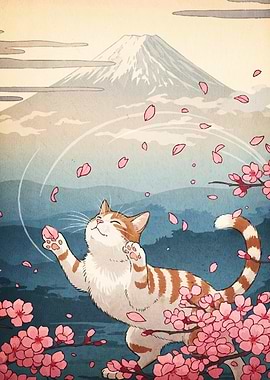 Cat Cherry Blossoms Mount Fuji