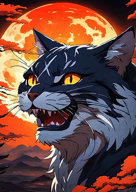 Angry Cat with Orange Moon