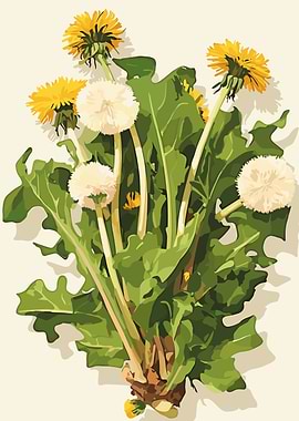 Dandelion Flowers and Leaves Illustration