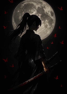 Samurai under the moonlight with katana