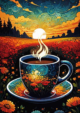 Floral Coffee Cup Landscape Painting