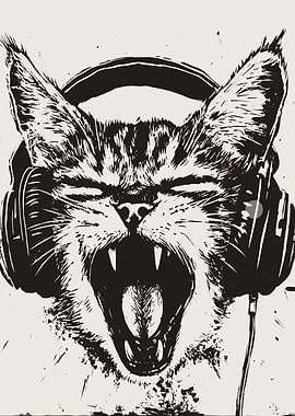 Cat with Headphones Roaring Illustration