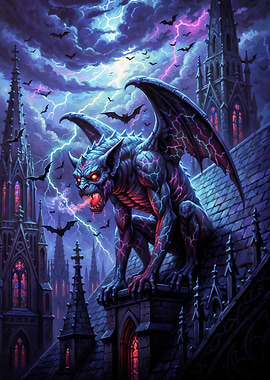 Gargoyle on Gothic Building during Storm