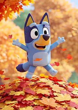 Bluey Jumping in Autumn Leaves