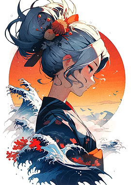 Japanese Woman with Waves and Sunset