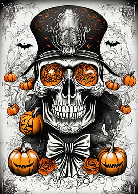 Halloween Skull with Pumpkins and Bats