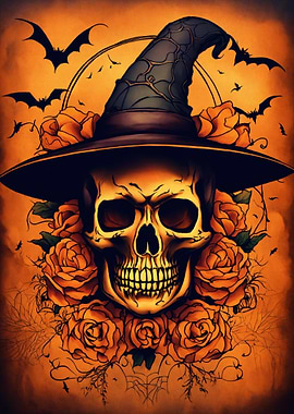 Halloween Skull with Witch Hat