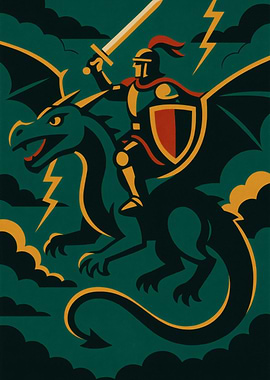Knight riding dragon with sword raised