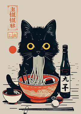 Black Cat Eating Ramen