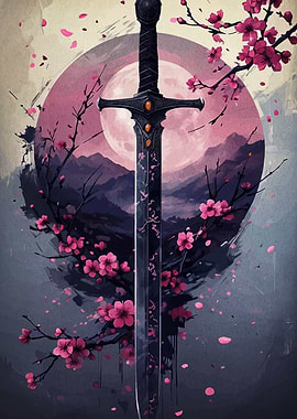 Sword and Cherry Blossoms Digital Art