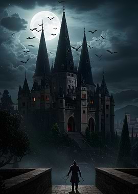 Dark Castle with Bats and Figure