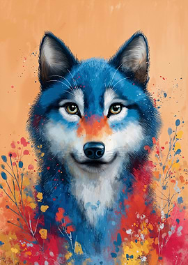 Colorful Wolf Portrait with Floral Accents