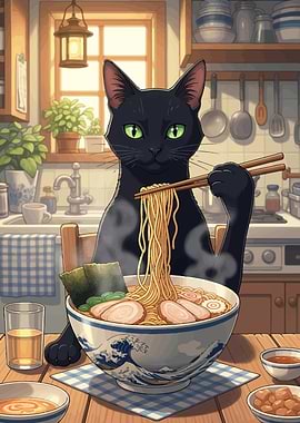 Black Cat Eating Ramen in Kitchen
