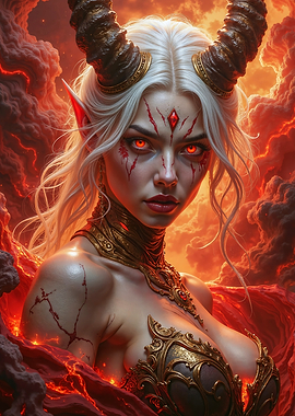 Demon Woman in Fiery Landscape