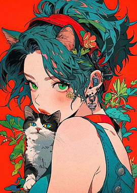 Anime Girl with Cat and Floral Accents