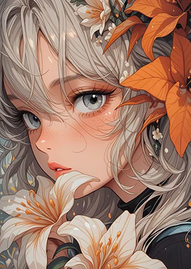 Anime Girl with Flowers Portrait
