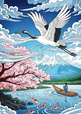 Japanese Landscape Crane Cherry Blossoms
