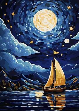 Sailboat under a starry night sky