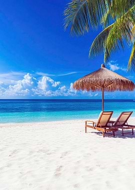 Tropical Sea Beach with Lounge Chairs