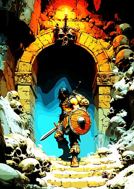 Warrior in Skull-Adorned Dungeon Entrance