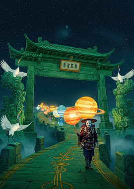 Planetary Lanterns on an Asian Bridge